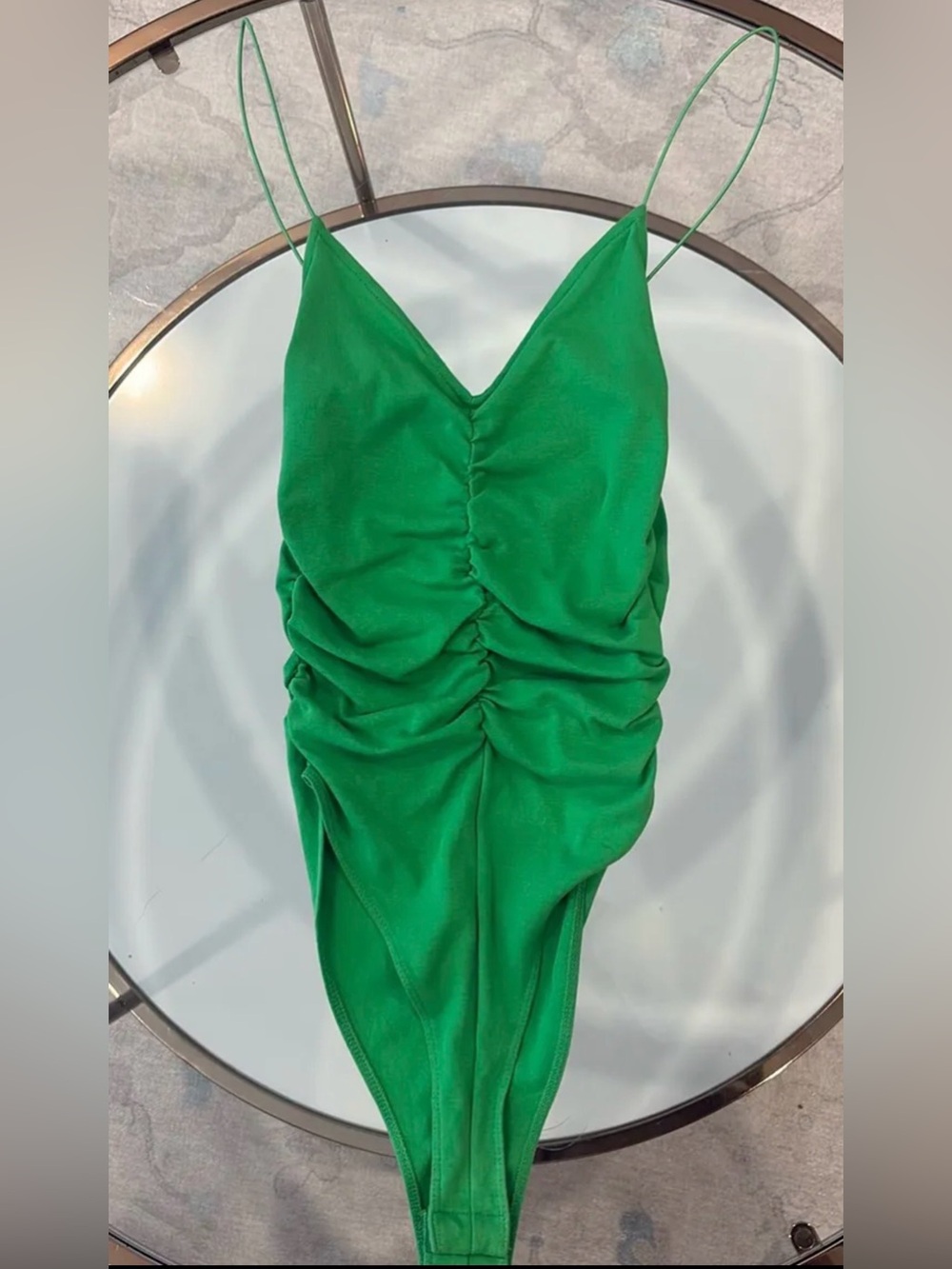 Zara Bright Green Ruched Spaghetti Strap Bodysuit